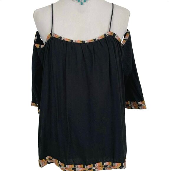 Earthbound Trading Top Blouse Short Sleeve Hippie Festival Boho Black Large - Picture 1 of 6